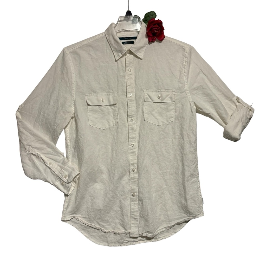 Perry Ellis Linen Blend Long Tab Sleeve Shirt White Med LIKE NEW